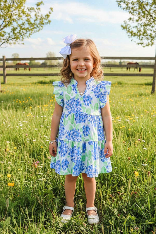 Green & blue floral flutter sleeves girls dress