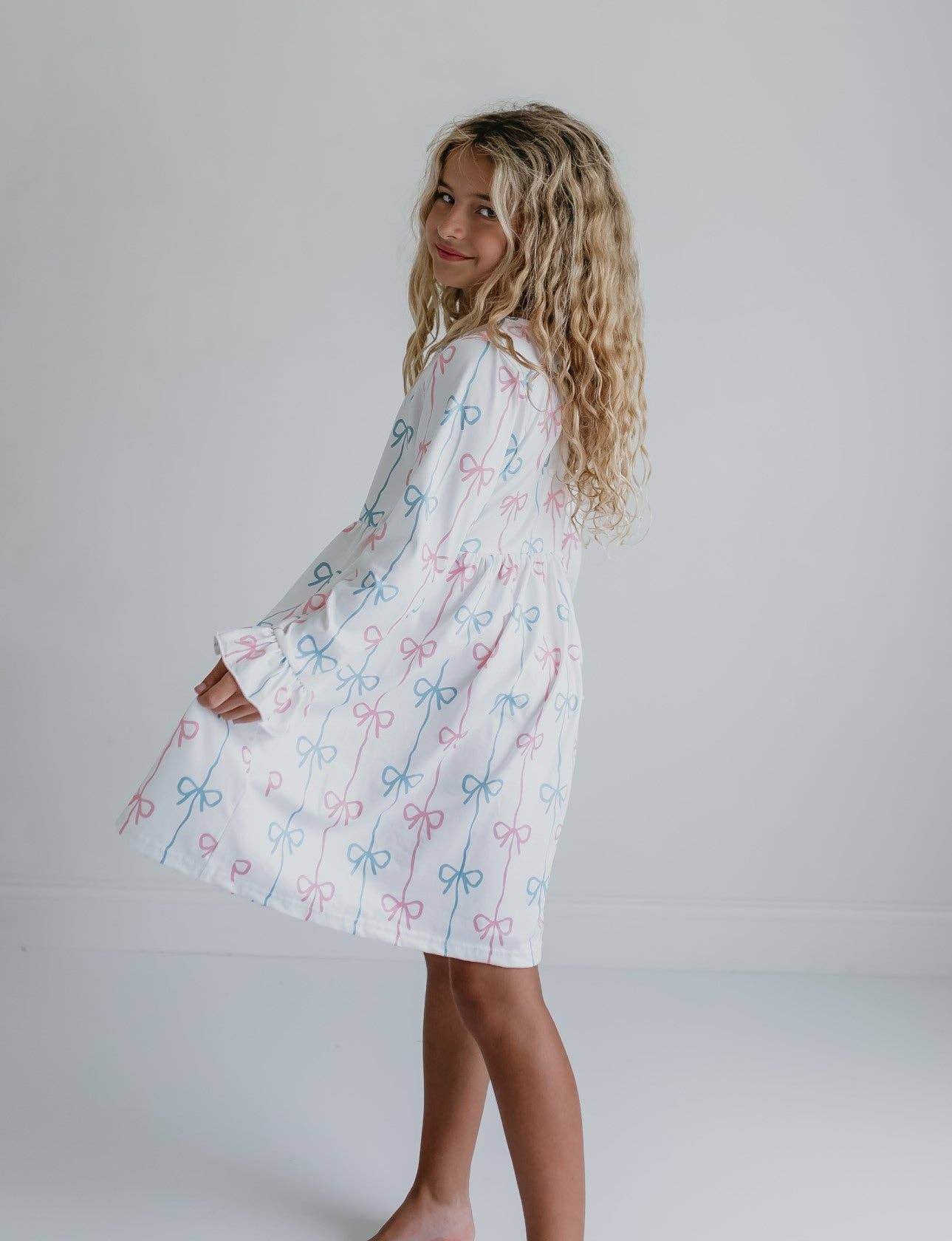 Girls Claire Coquette Pink & Blue Bow Winter Twirl Dress