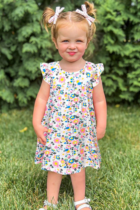 white Summer Floral Dress w/Ruffle Sleeve