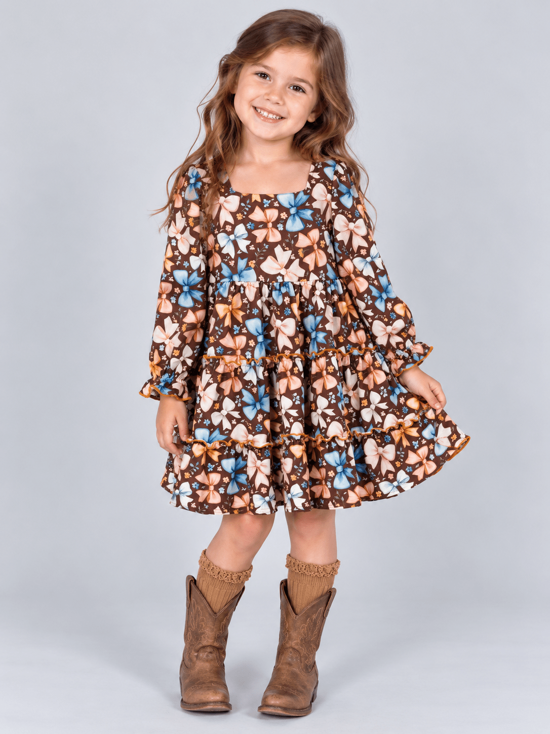 Girls Bow Print Ruffle Tiered Dress