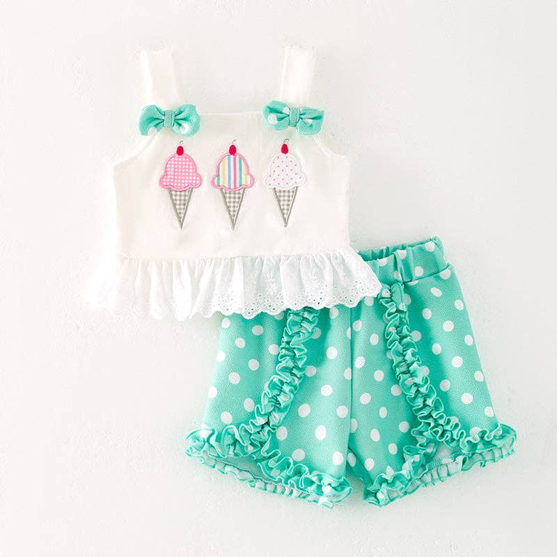 Girls Summer Mint Dot Ice-cream Applique Short Set