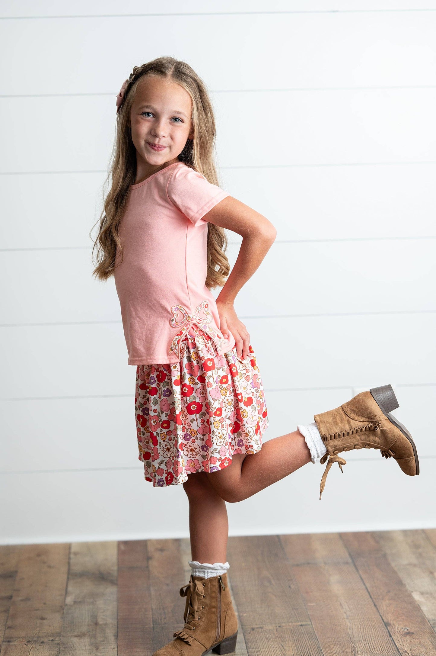 Adorable Sweetness - Girls Peach Floral Bow Spring Summer Skort Set