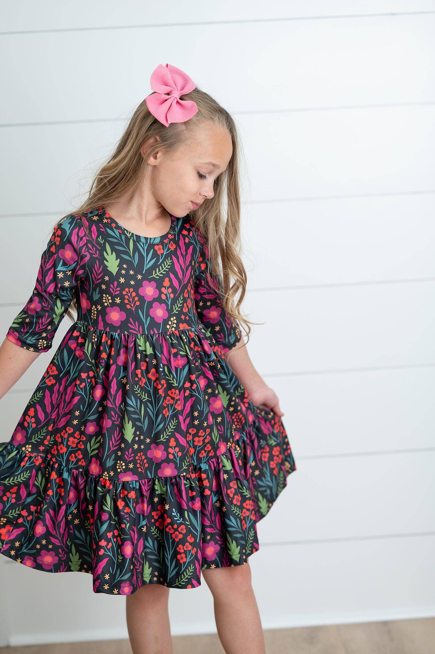Oopsie Daisy - Girls Emma Dark Magenta Fall Floral Tiered Twirl Dress