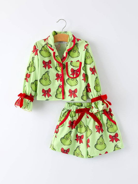 Rylee Faith Designs - Green Christmas  Character Bow Print Girls Pajama Set