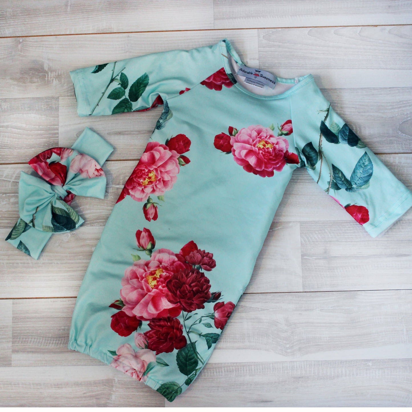 Adorable Sweetness - Infant Girls Teal Rose Baby Gown and Bow Headband