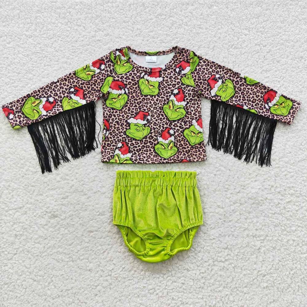 Baby Girls Christmas Tassel Tops Velvet Bummie Sets