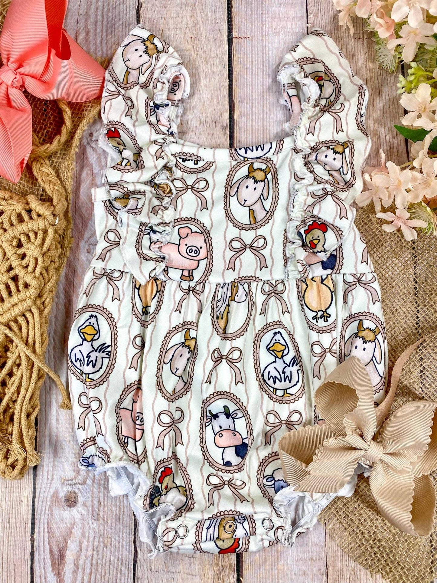 Farm Friends Cameo Bubble Romper | Baby Farm Animal Ruffle Romper