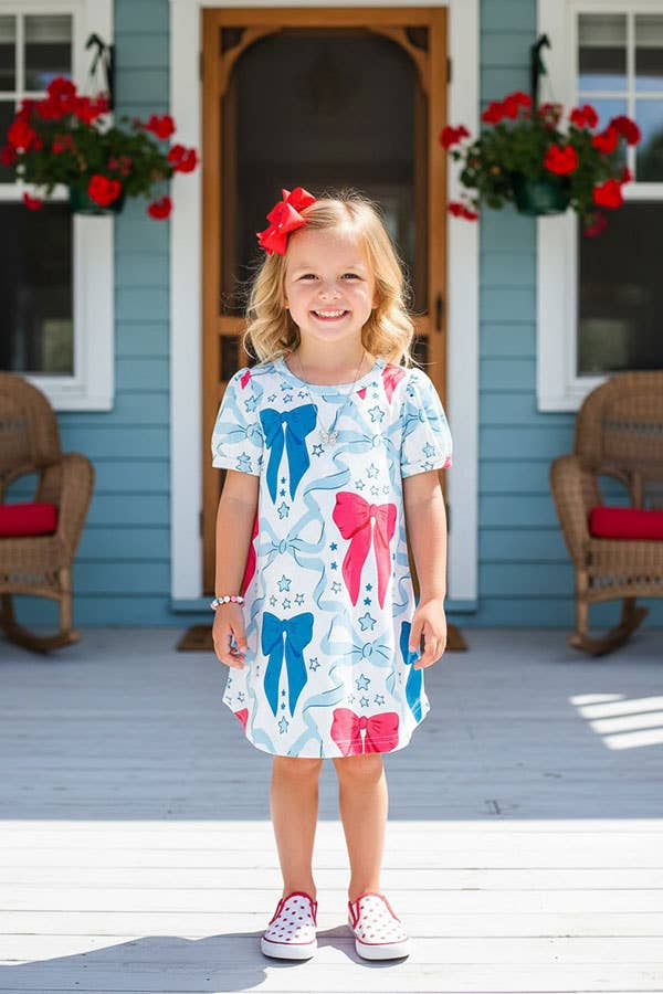 Blue & pink bows printed short sleeve girls dress
