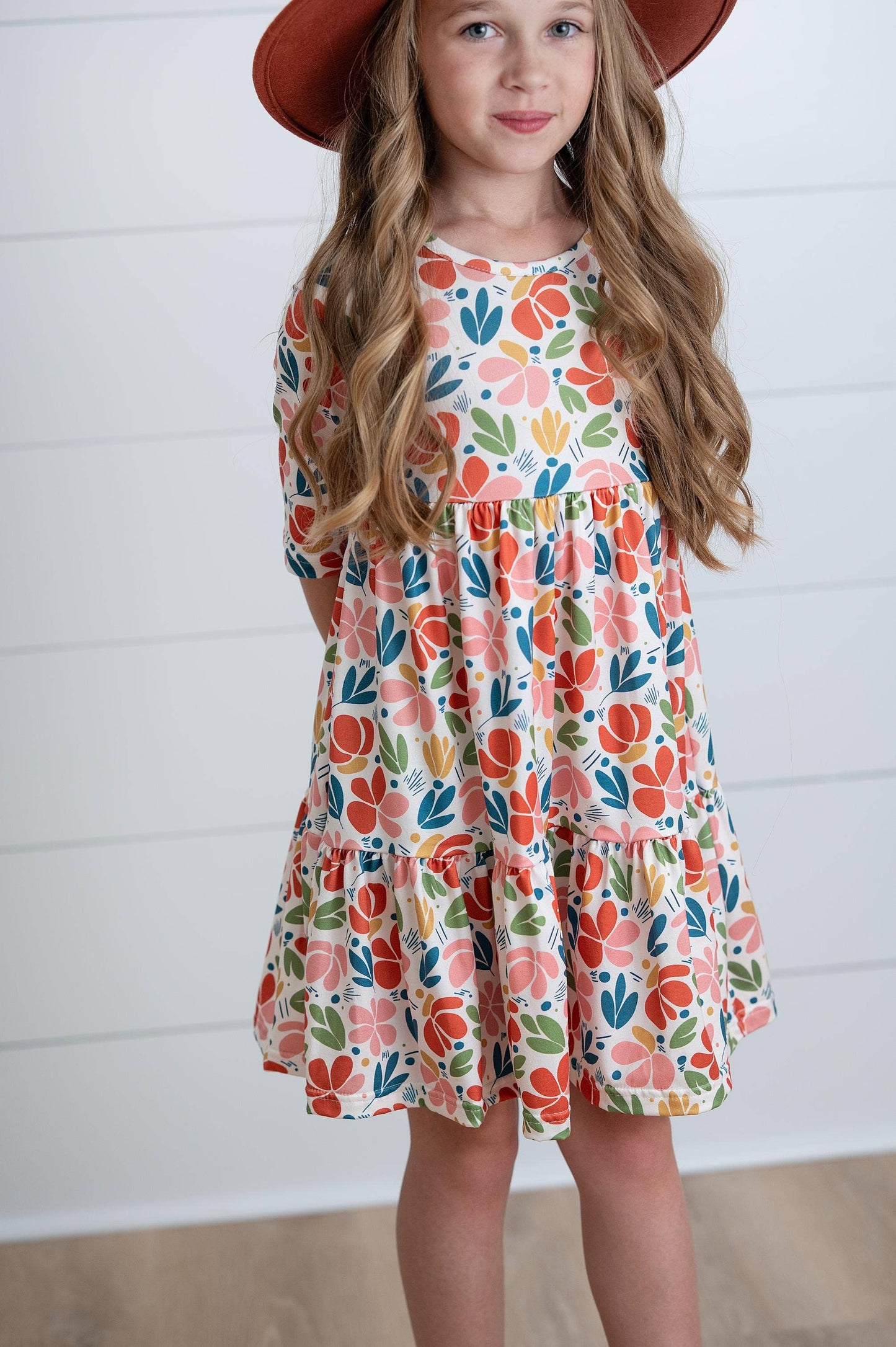 Oopsie Daisy - Girls Emma Retro Rust Mod Fall Floral Tiered Twirl Dress