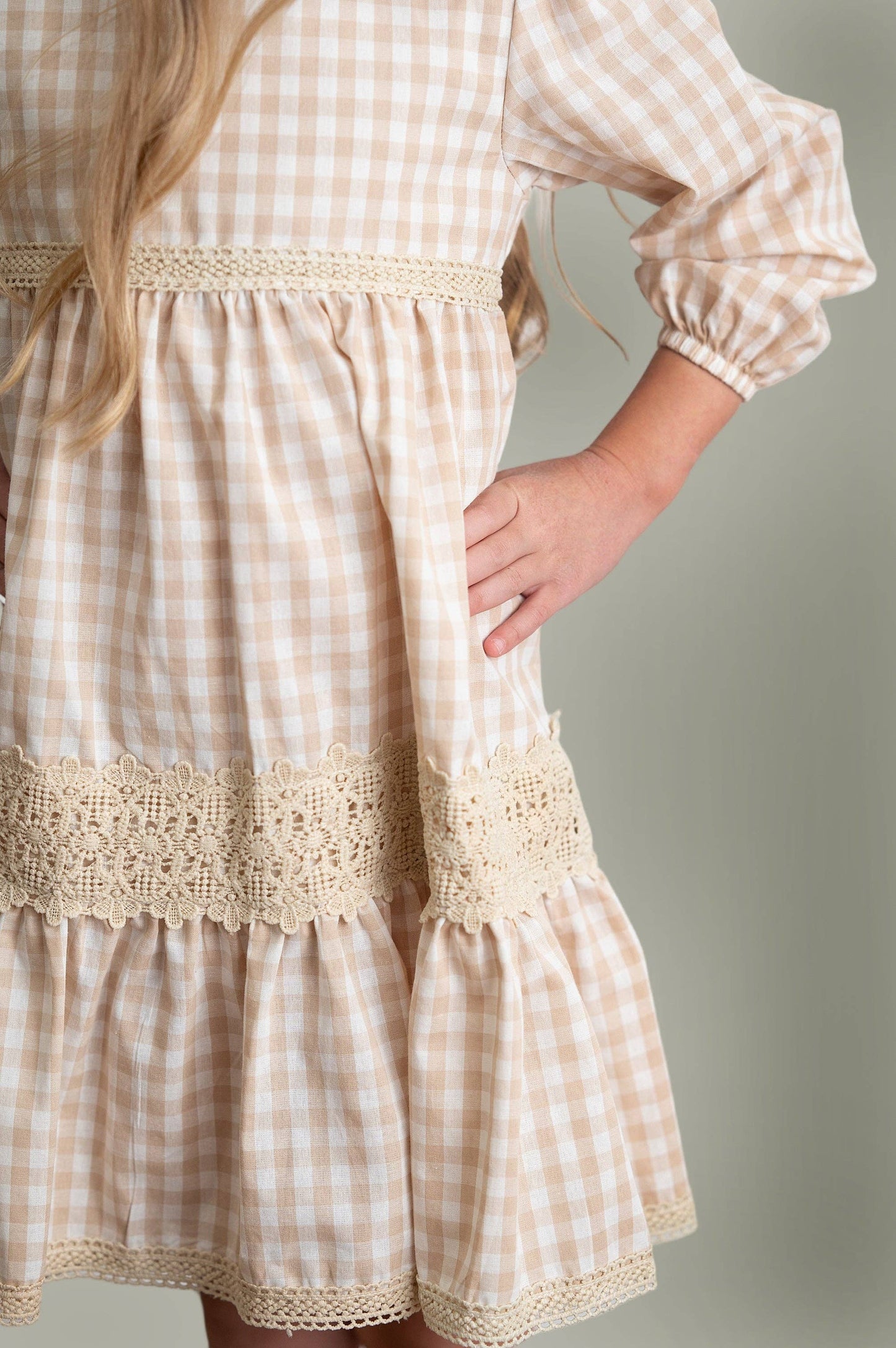 Oopsie Daisy - Girls Tan Gingham & Vintage Lace Puff Sleeve Tiered Dress