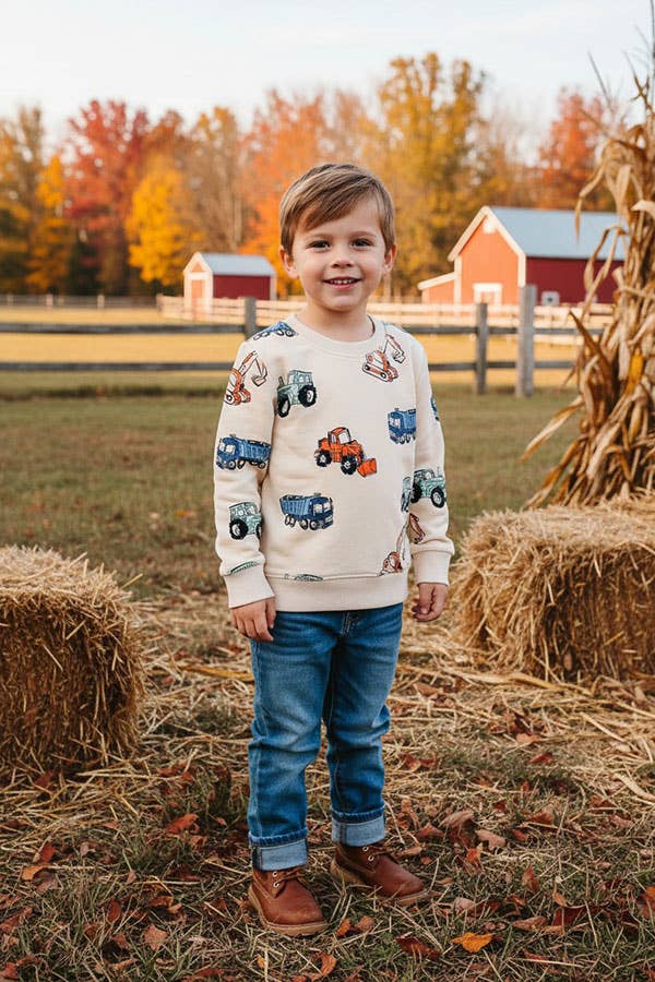 Excavator prints long sleeve cream boys sweatshirt