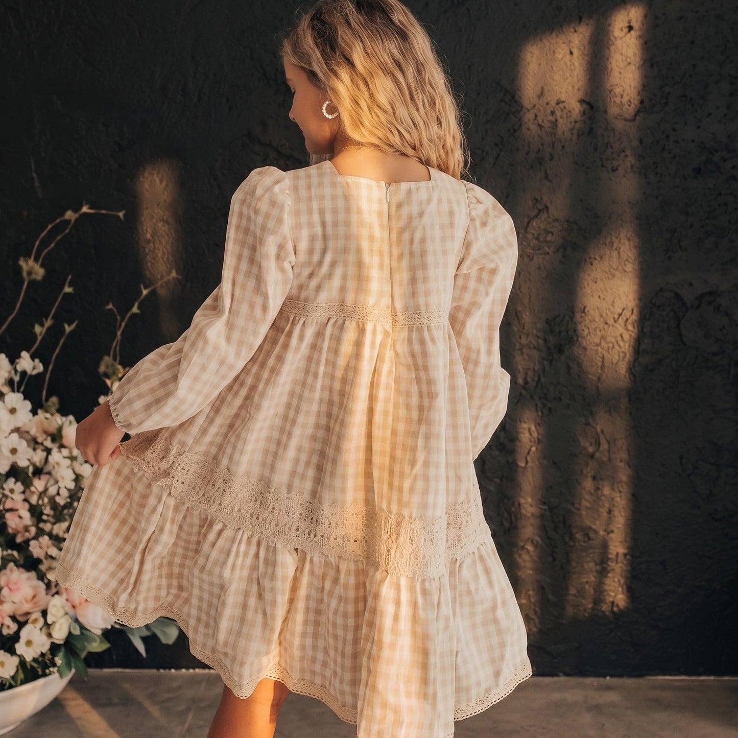 Oopsie Daisy - Girls Tan Gingham & Vintage Lace Puff Sleeve Tiered Dress
