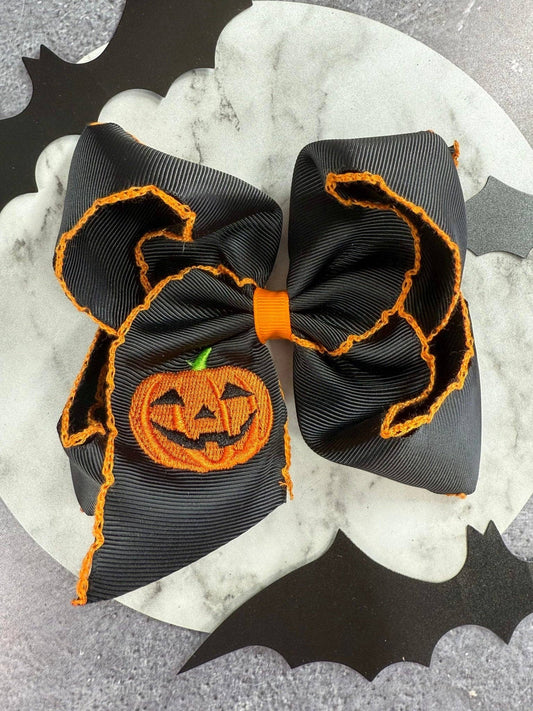 The Hair Bow Company - Jack-o-Lantern Embroidered Moonstitch Hair Bow | Clip or Headband