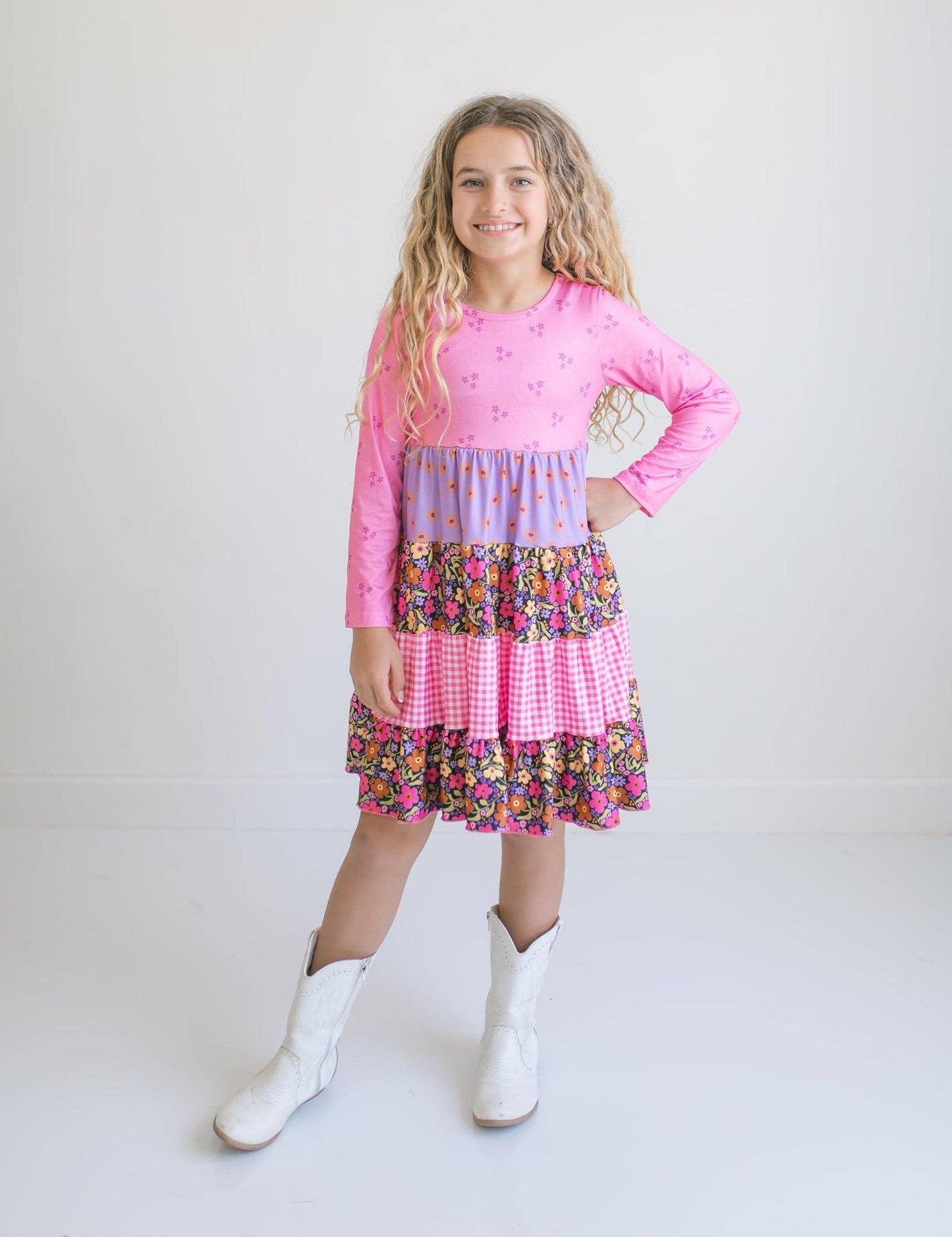 Oopsie Daisy - Kids Avery Bright Pink Floral Long Sleeve Tiered Twirl Dress
