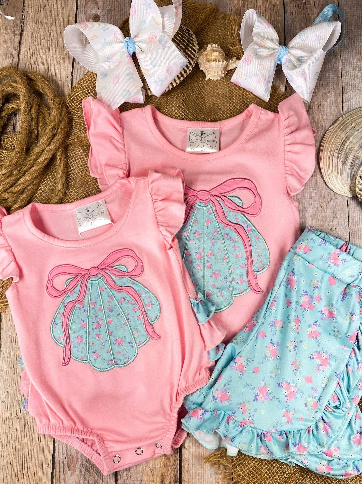 Pink Seashell Ruffled Girls Shorts Set