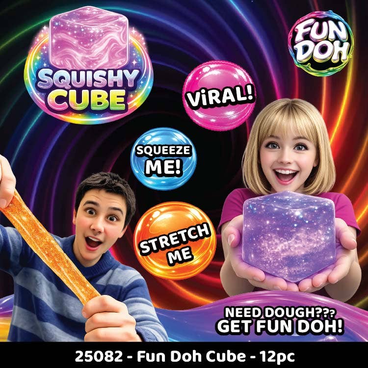 Novelty Brands - Fun Doh Squish & Squeeze Sparkle Cube Fidget Toy- 12/Display