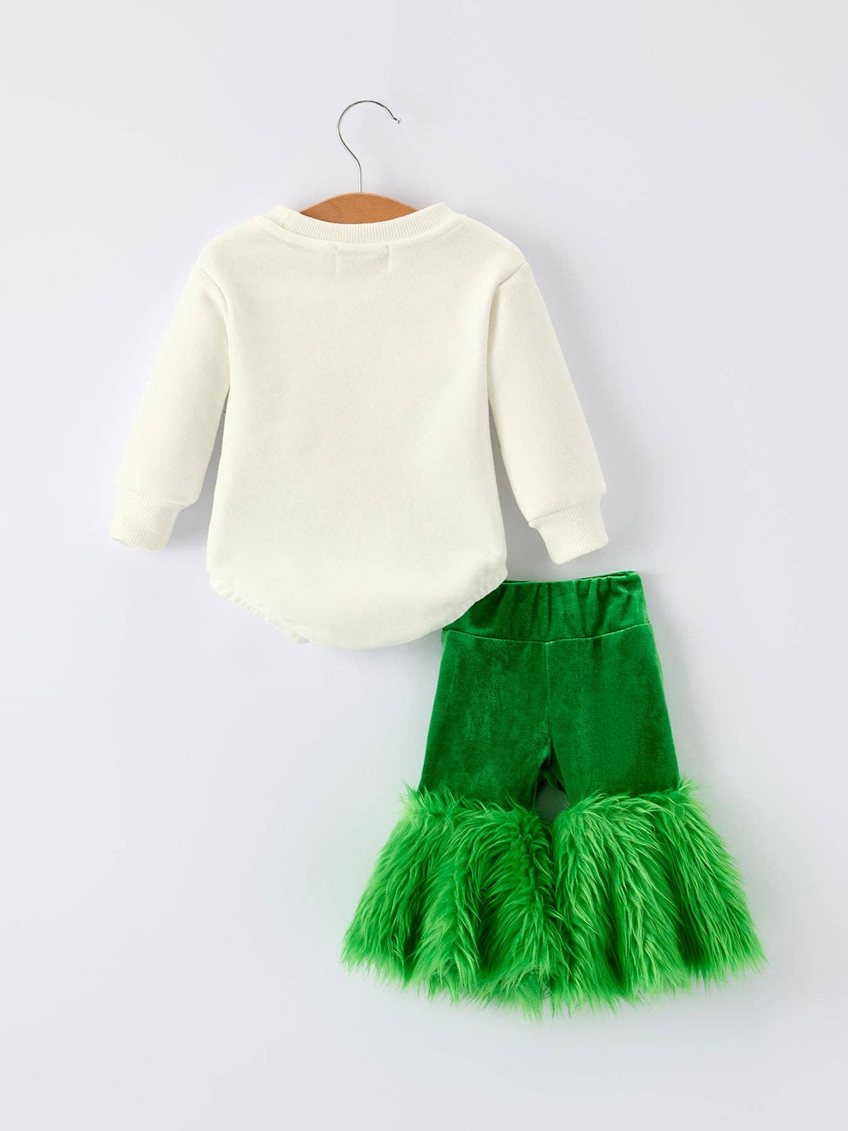 Rylee Faith Designs - Mommy & Me Christmas Bow Print Baby Romper with Green Furry Bell Bottoms
