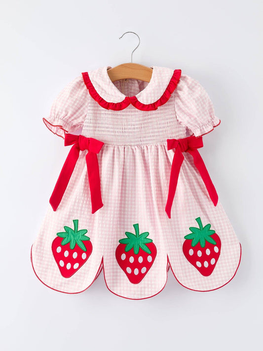 - Girls' Plaid Smocked Strawberry Applique Dress