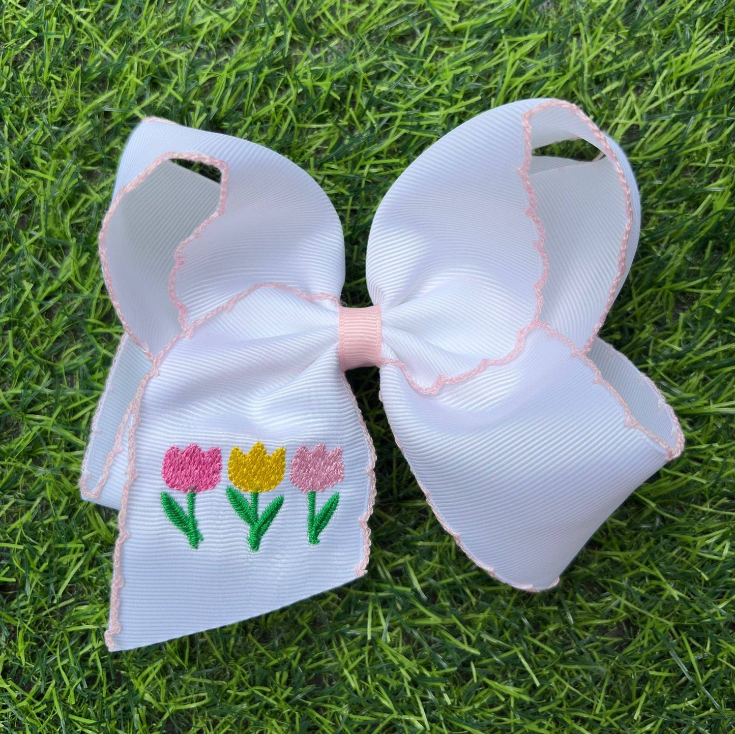 5" Easter embroidered hair bows with moon stitch trim