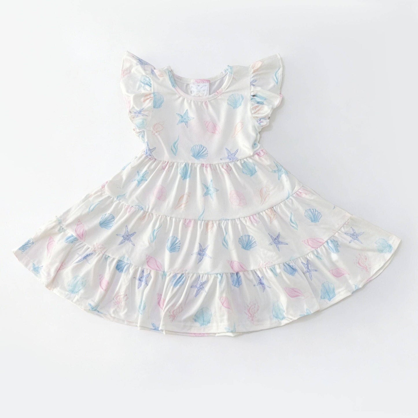Coastal Seashell Tiered Dress | Girls Ocean Print Ruffle Dress