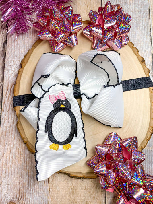 The Hair Bow Company - Penguin Embroidered with Black Moonstitch Hair Bow Headband