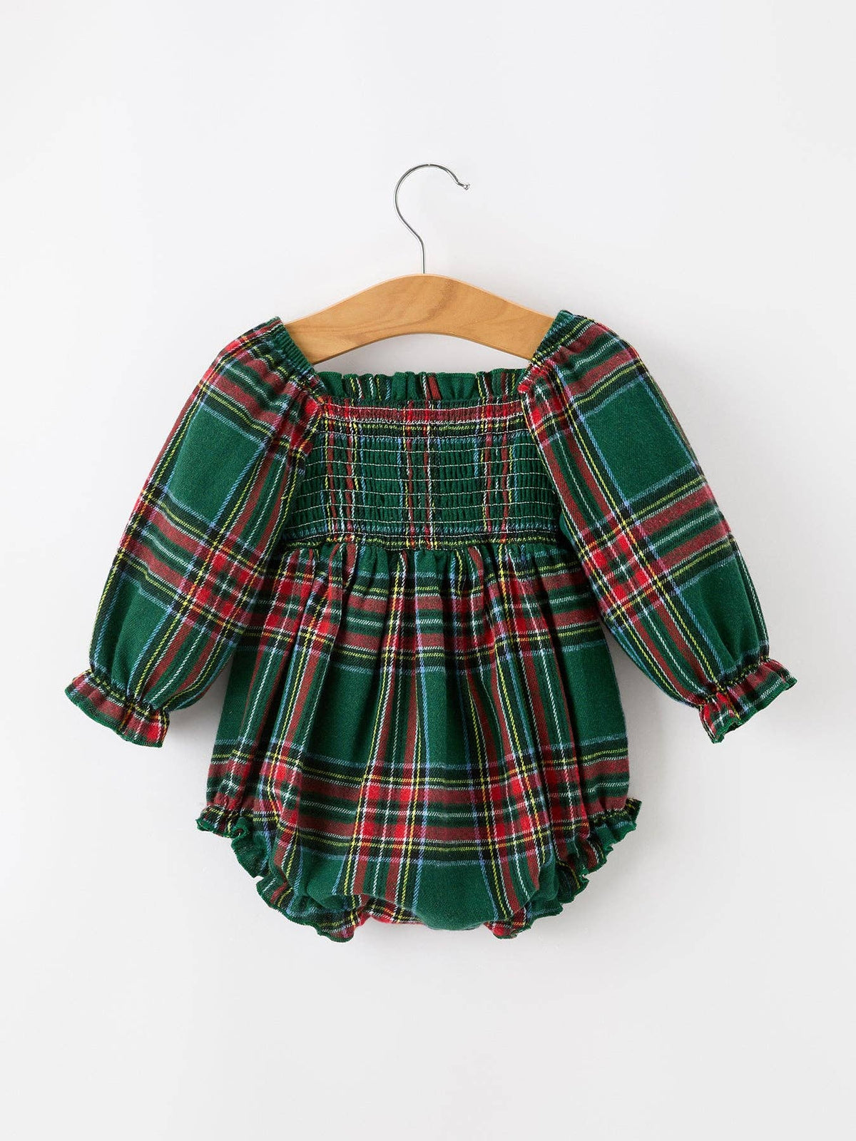 Rylee Faith Designs - Christmas Plaid Smocked Baby Girl Bubble Romper Ruffle Detail