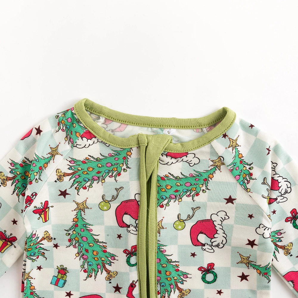 FancyPrince - Christmas Tree Santa Hat Green Plaid Baby Bamboo Zipper Romper