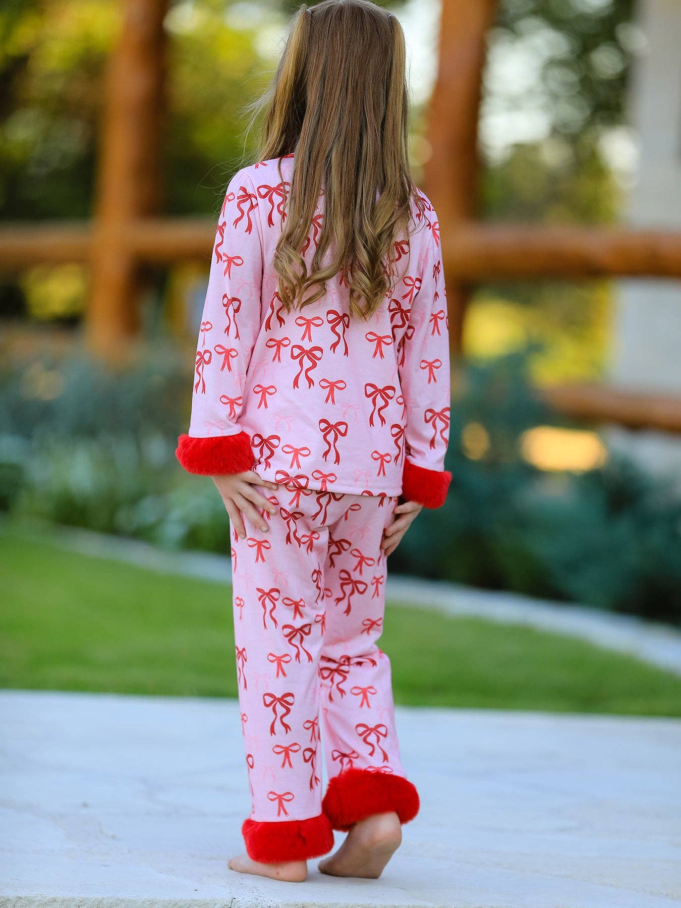 Rylee Faith Designs - Christmas Bow Girls Pajama Set with Furry Trim