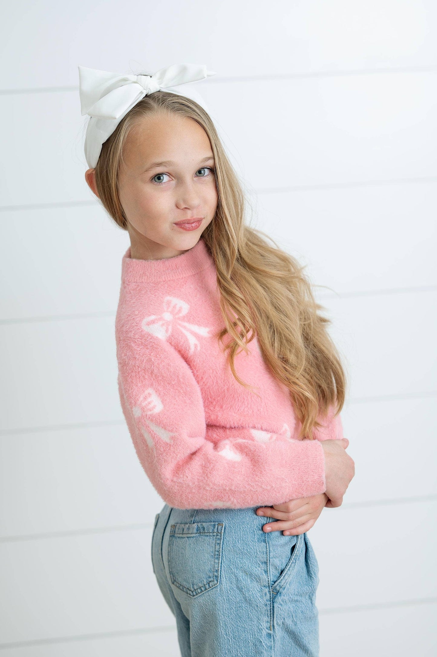 Adorable Sweetness - Girls Fall Winter Pink and White Bow Sweater