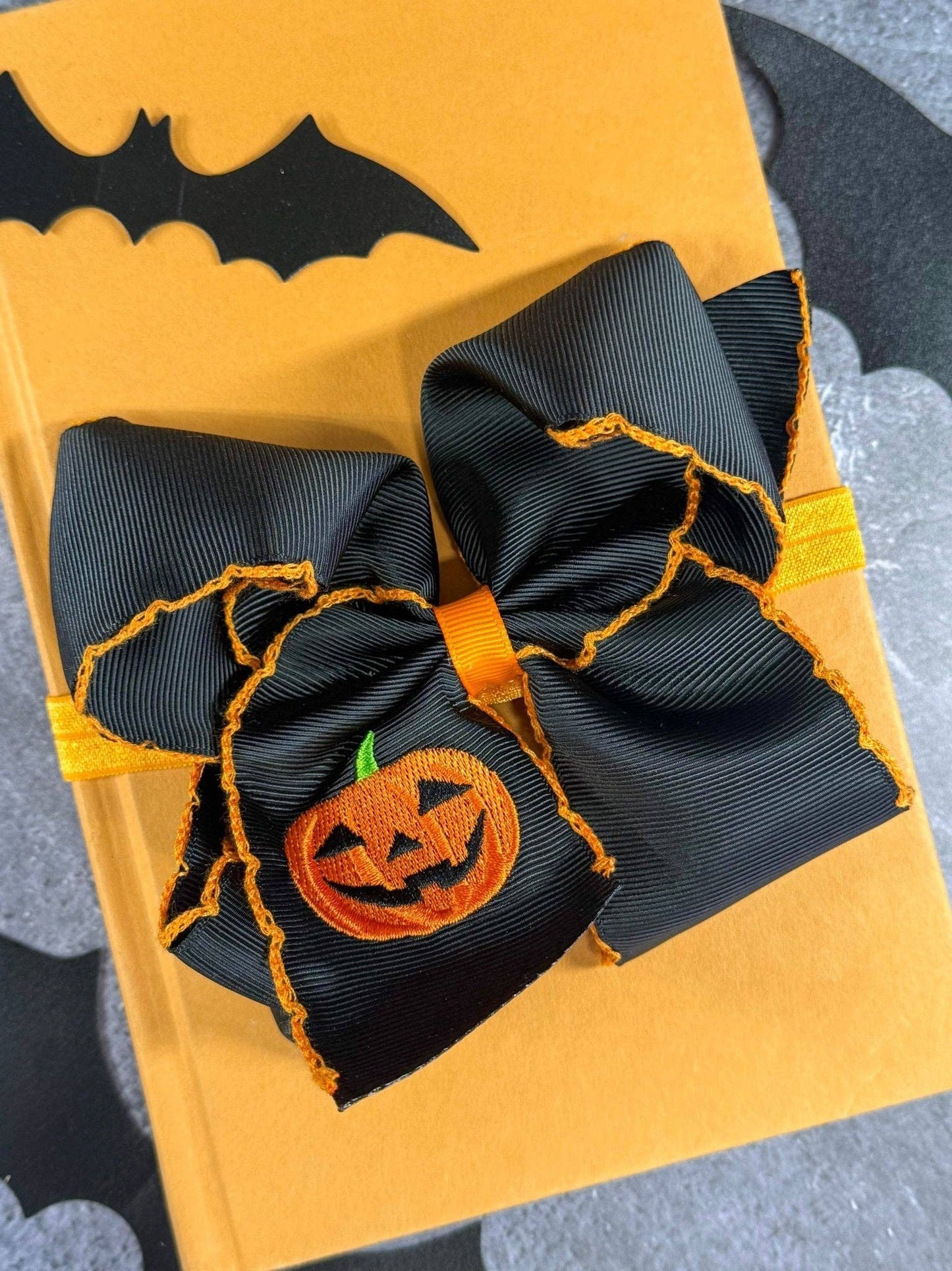 The Hair Bow Company - Jack-o-Lantern Embroidered Moonstitch Hair Bow | Clip or Headband