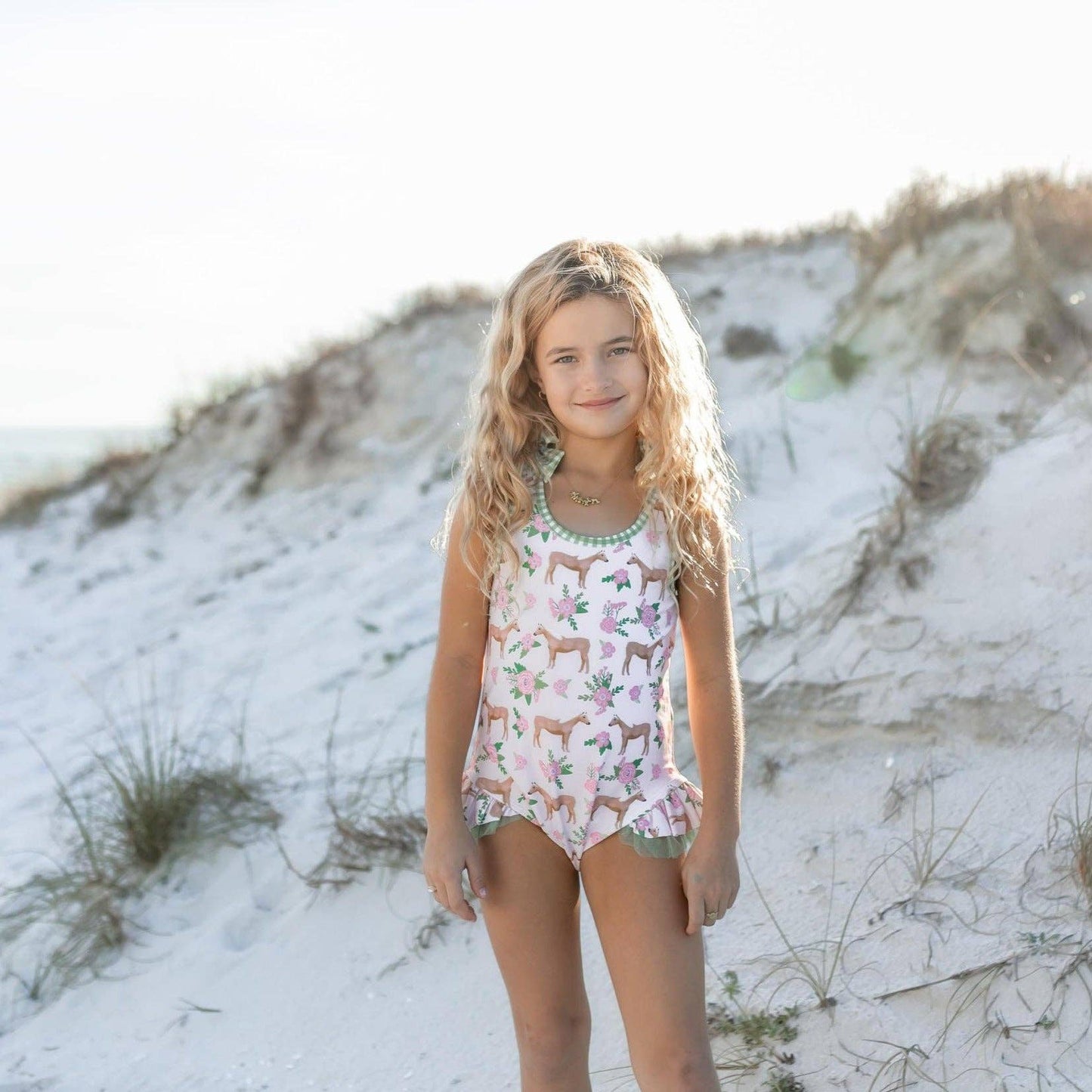 Kids Pink Horse Ruffles & Bows Cross Back One Piece Swimsuit
