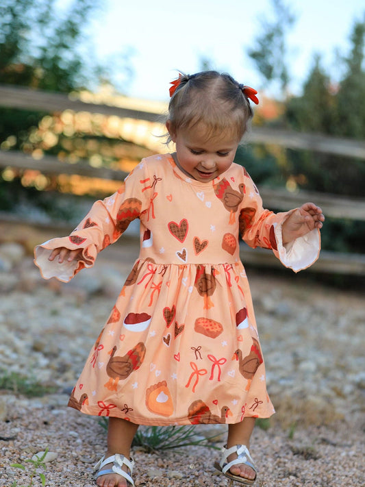 Rylee Faith Designs - Thanksgiving Day Turkey Pie Print Ruffle Sleeve Dress