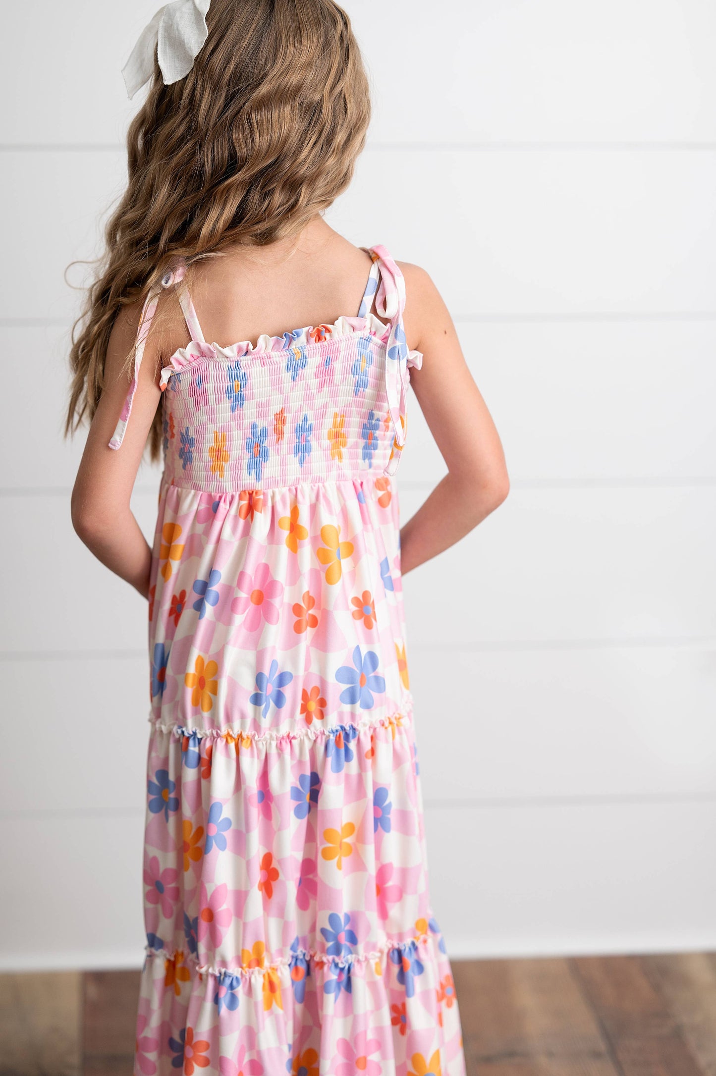 Oopsie Daisy - Girls Pink Retro Daisy Tiered Spring Summer Maxi Dress