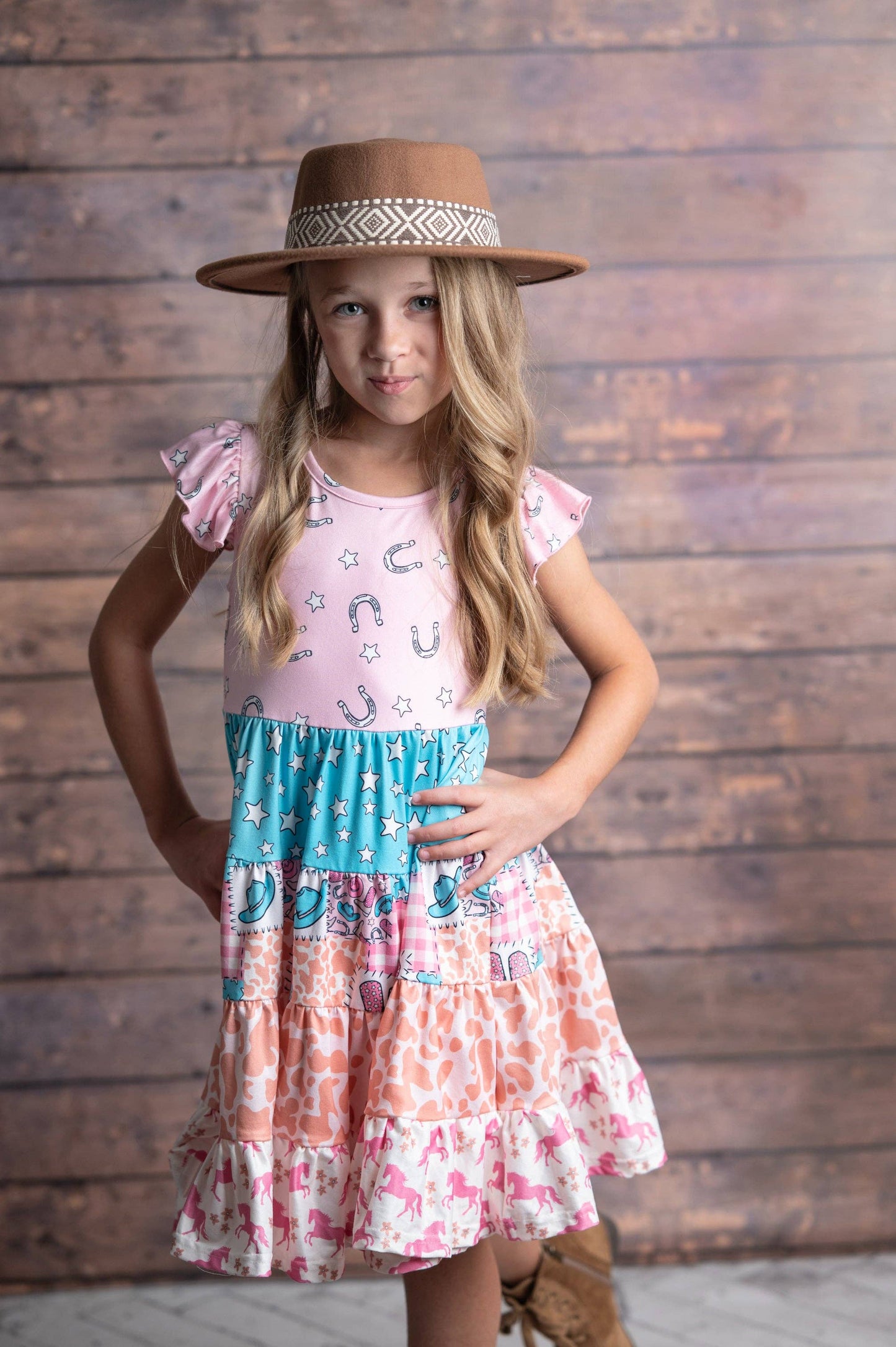 Girls Pink Blue Cowgirl Ruffle Tiered Summer Spring Dress