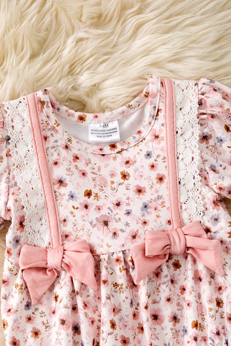 Multi-Color Ditsy floral baby romper with front bows & embroidery details
