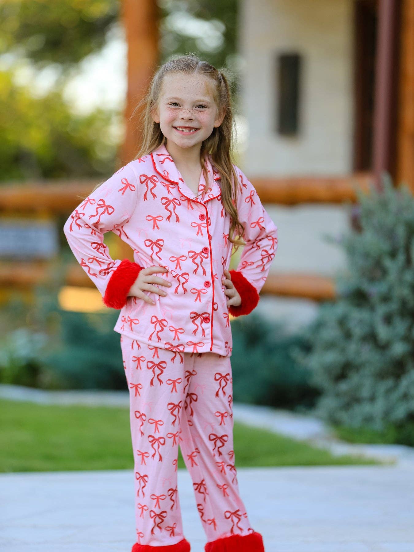 Rylee Faith Designs - Christmas Bow Girls Pajama Set with Furry Trim
