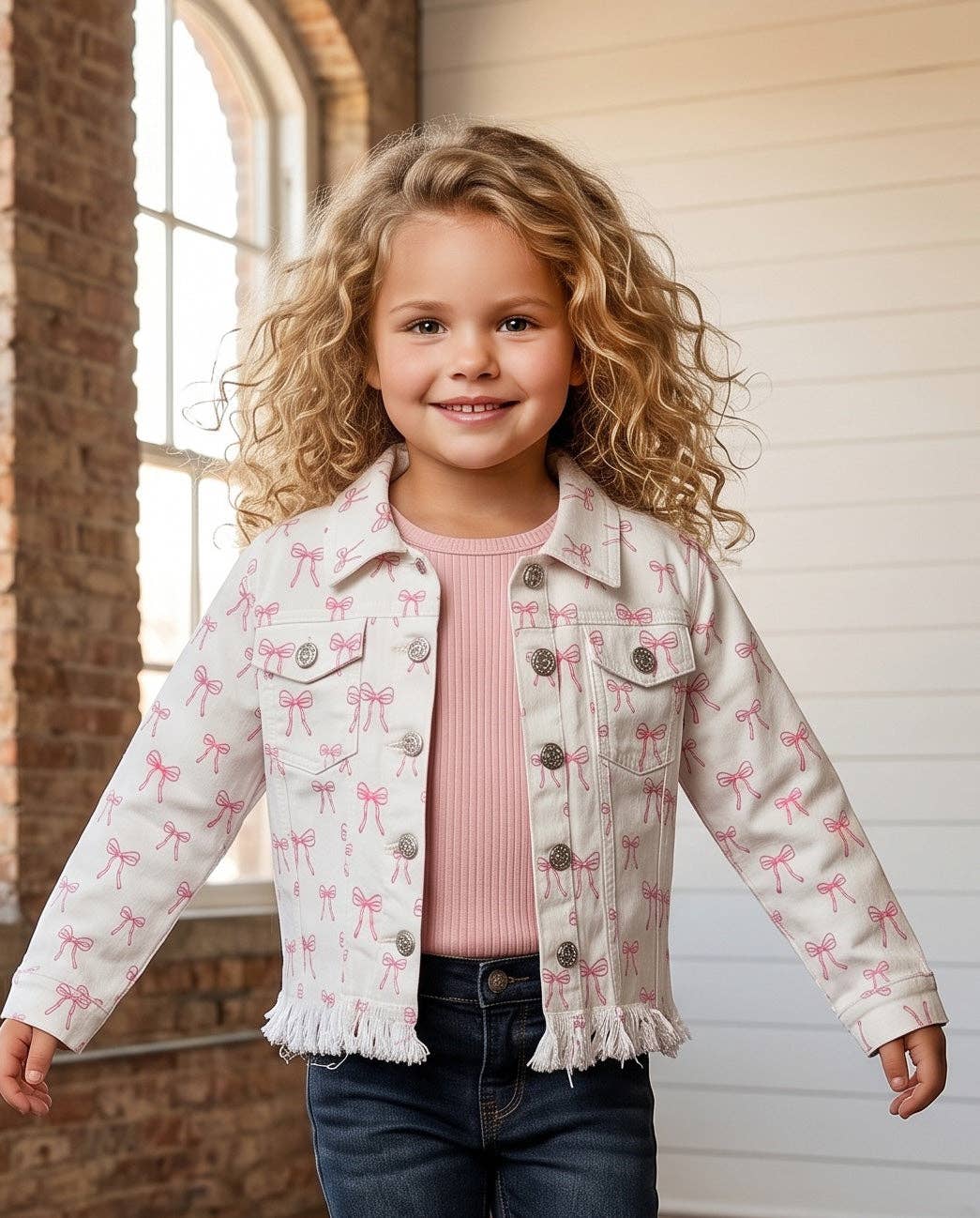 Kids Coquette Pink Bow White  Denim Jacket