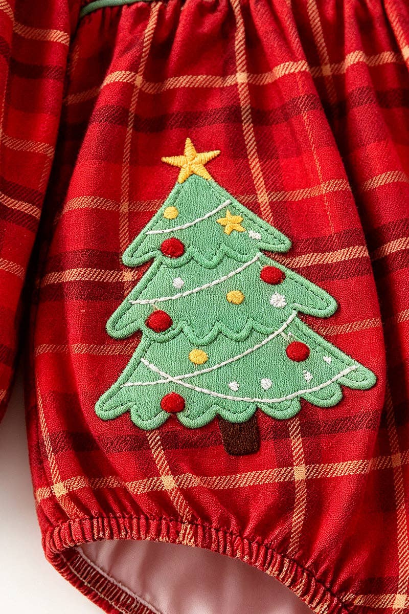 Plaid smocked baby jumpsuit with Christmas tree