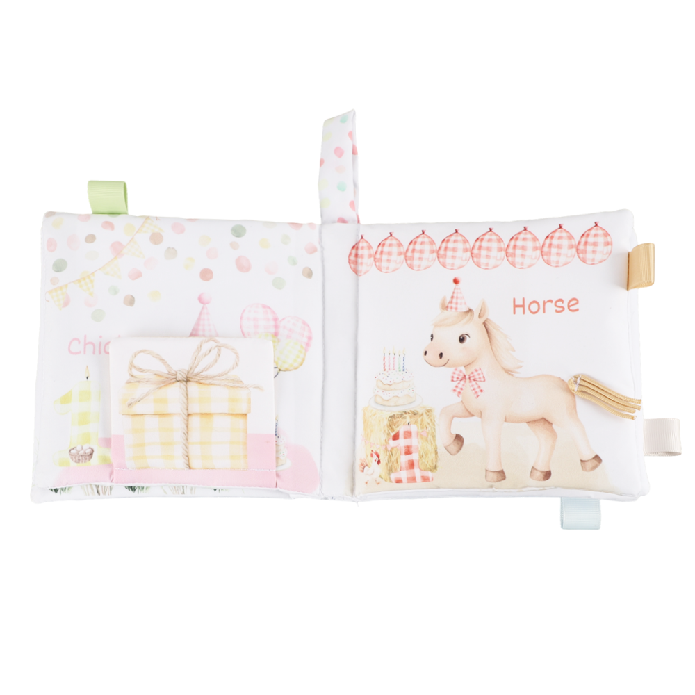 Ali+Oli - Birthday on the Farm10-Page Crinkle Soft Cloth Baby Book