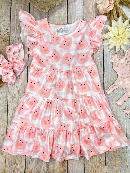 Pink Pig Gingham Tiered Dress | Girls Farm Animal Ruffle Dress