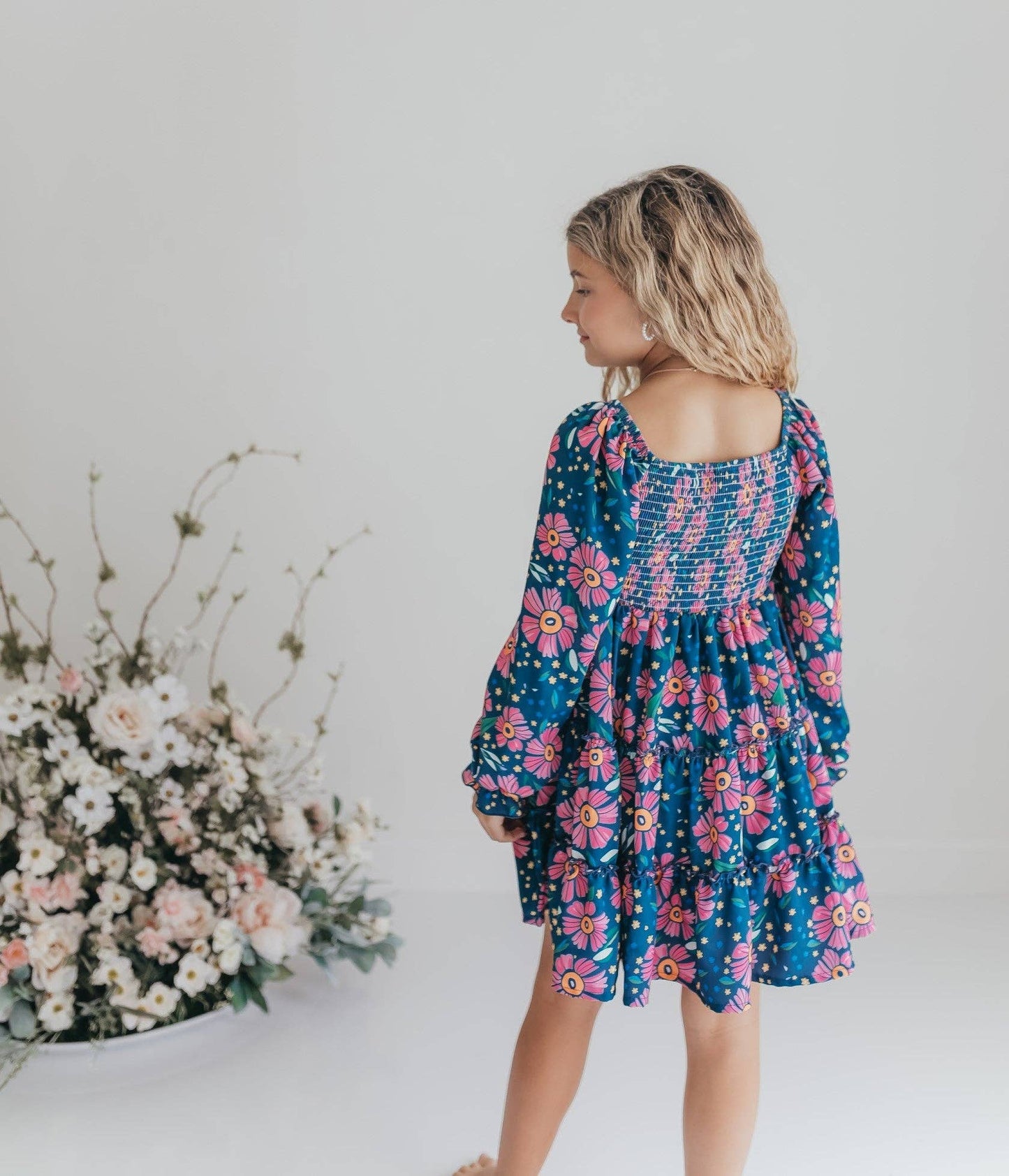 Oopsie Daisy - Girls Grace Blue & Pink Flower 3 Tiered Smocked Dress