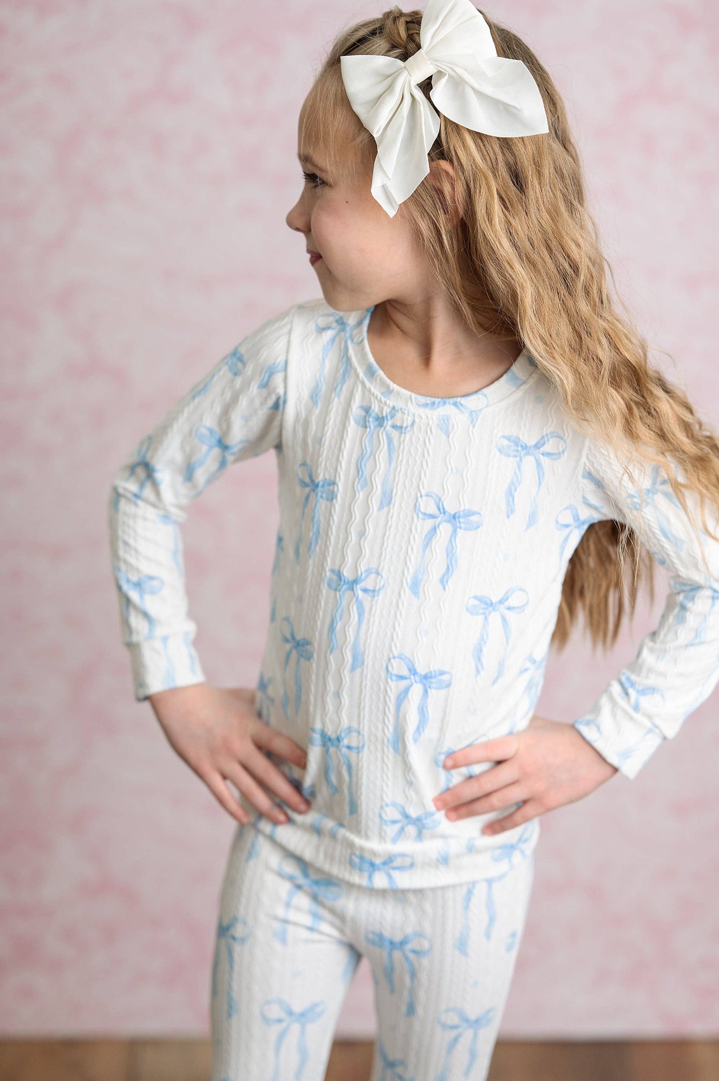 Adorable Sweetness - Girls Coquette Blue Bow Cable Knit Flare bottom Set