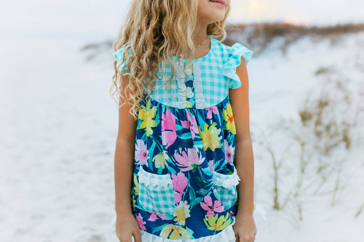 Girls Jade Checkered Floral Pocket Lace Spring Short Set
