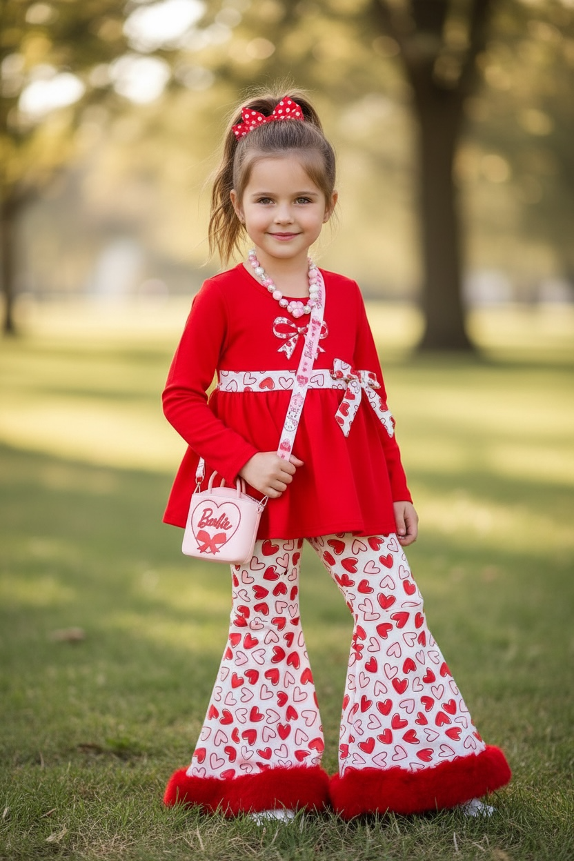 Red tunic with heart printed sash & bell bottoms