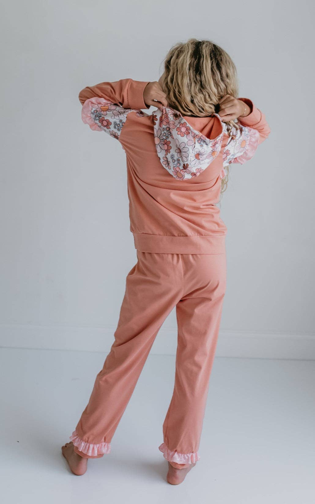Girls Desert Tan Retro Flower Ruffle Hoodie Lounge Set
