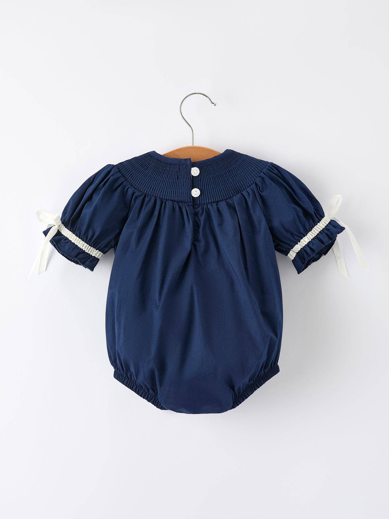 Rylee Faith Designs - Navy Blue Nativity Smocking Embroidered Baby Girls Christmas Romper