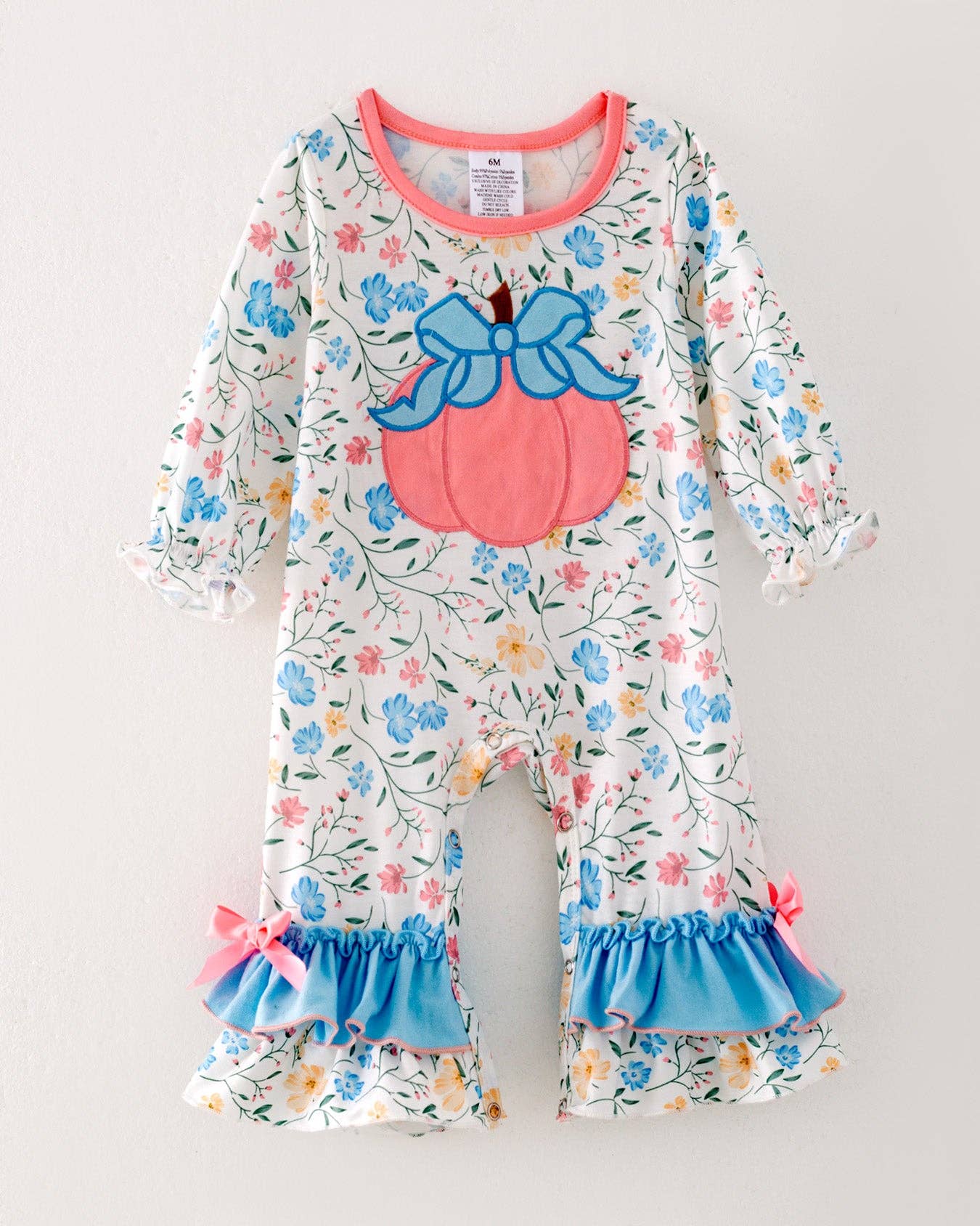 Rylee Faith Designs - Halloween Baby Girls Ruffle Pumpkin Applique Floral Print Bow Romper