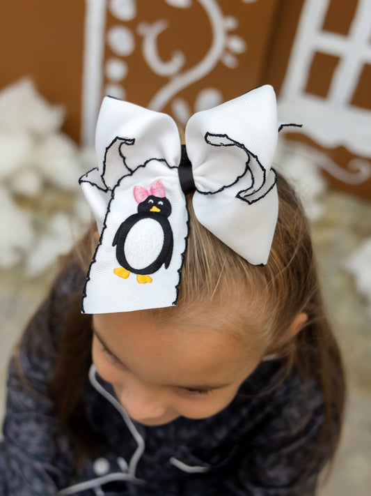 The Hair Bow Company - Penguin Embroidered with Black Moonstitch Hair Bow