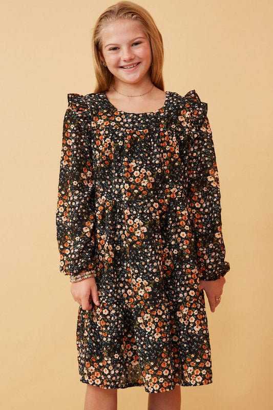 Hayden LA - Girls Floral Print Ruffle Shoulder Long Sleeve Dress