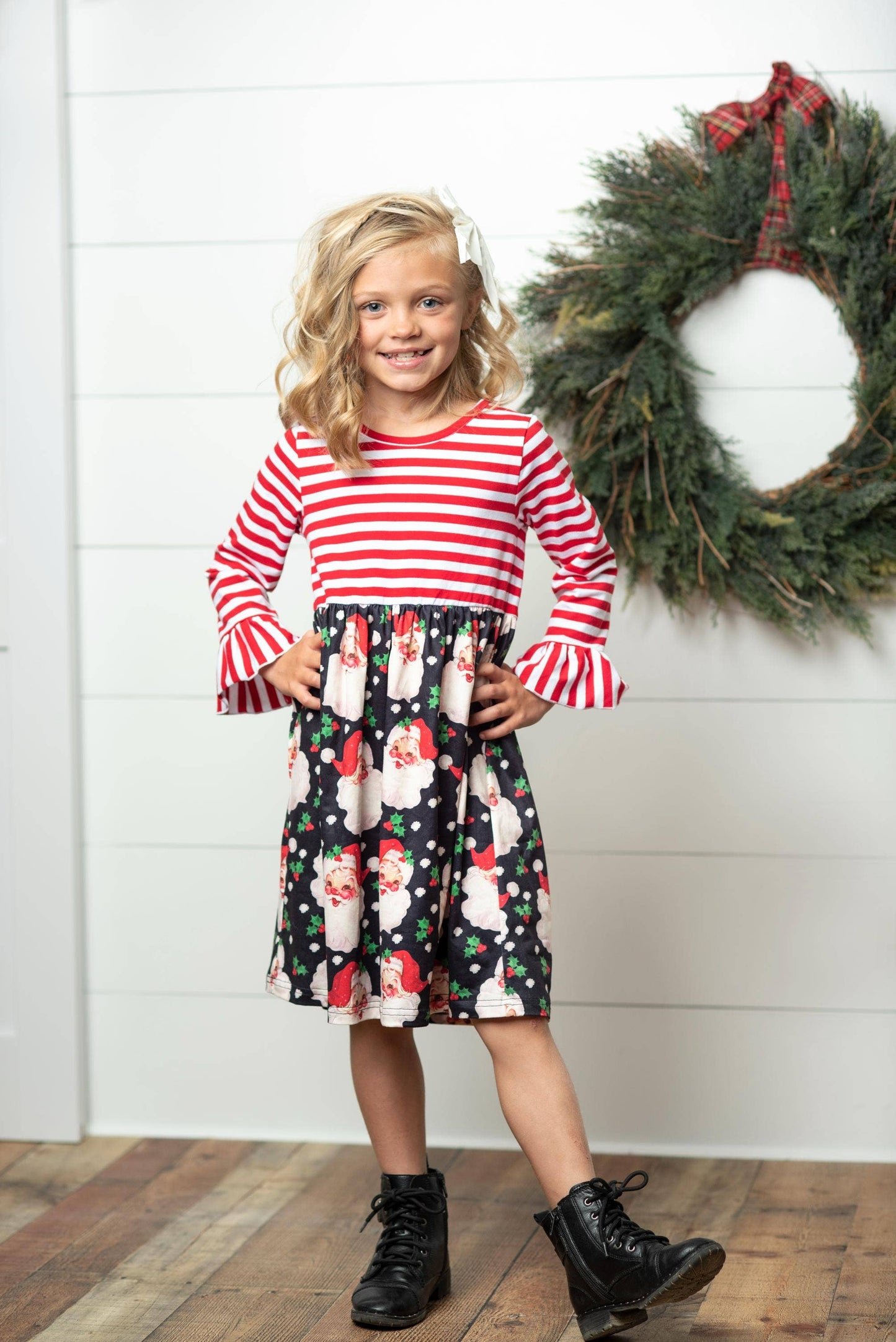 Adorable Sweetness - Kids Santa Candy Cane Stripe Holiday Ruffle Twirl Dress